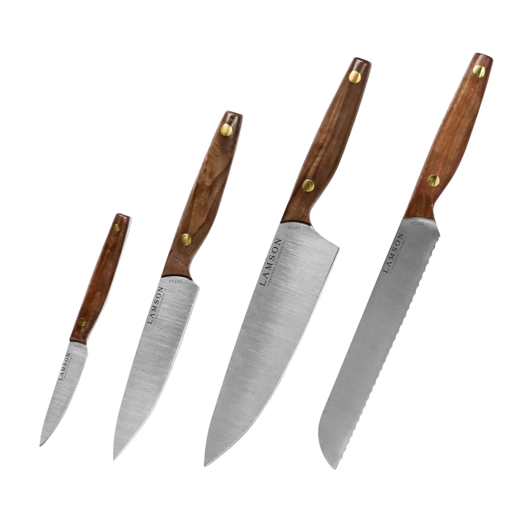 Vintage 4-Piece Deluxe Cook's Knife Set with Walnut Handles. Contains: Paring, Utility, Chef and Bread Knife.